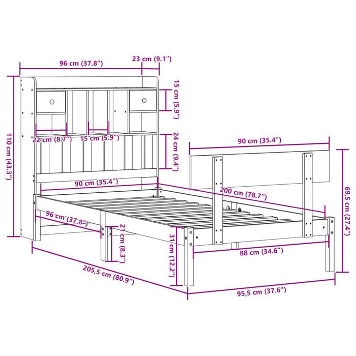 Pat cu bibliotecă fără saltea, alb, 90x200 cm, lemn masiv pin - WALTI WALTI