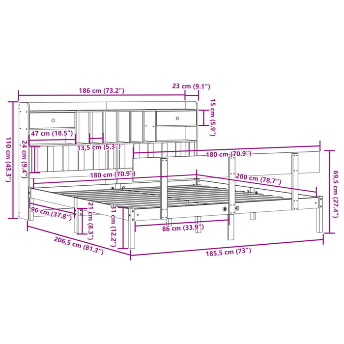 Pat cu bibliotecă fără saltea, 180x200 cm, lemn masiv de pin - WALTI WALTI