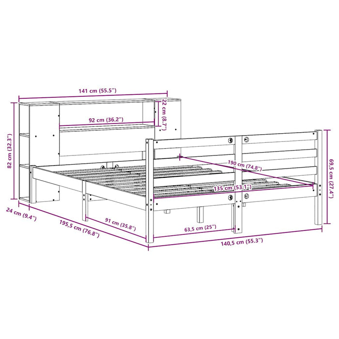 Pat cu bibliotecă fără saltea, alb, 135x190 cm, lemn masiv pin WALTI