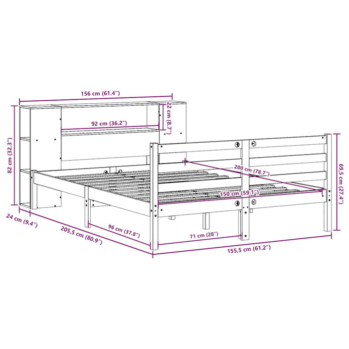 Pat cu bibliotecă fără saltea, alb, 150x200 cm, lemn masiv pin WALTI