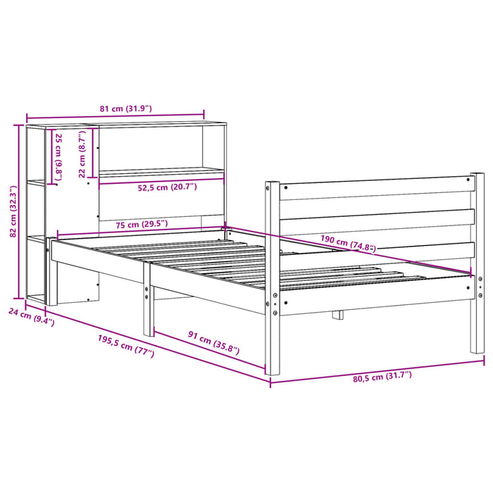 Pat cu bibliotecă fără saltea, alb, 75x190 cm, lemn masiv pin WALTI
