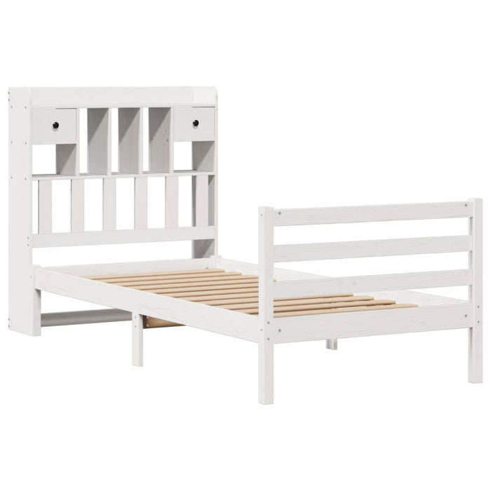 Pat cu bibliotecă fără saltea, alb, 75x190 cm, lemn masiv pin WALTI