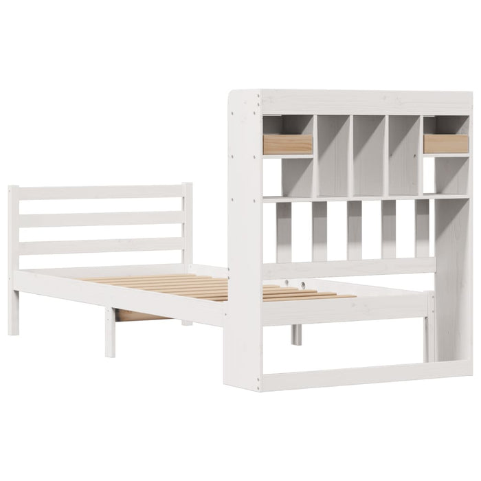 Pat cu bibliotecă fără saltea, alb, 90x190 cm, lemn masiv pin WALTI