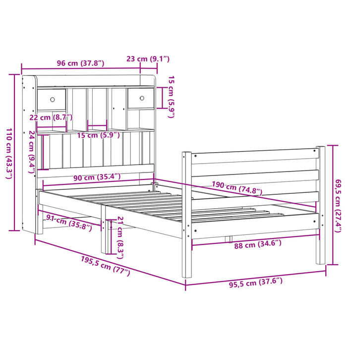 Pat bibliotecă fără saltea maro ceruit 90x190 cm lemn masiv pin WALTI