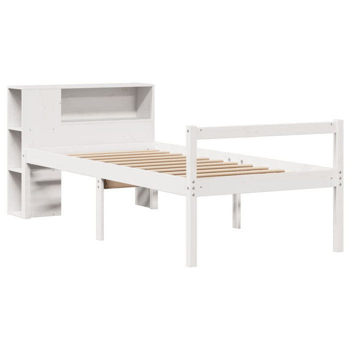 Pat cu bibliotecă fără saltea, alb, 75x190 cm, lemn masiv pin WALTI