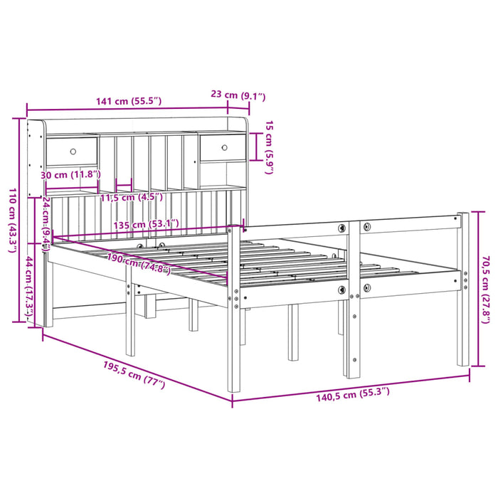 Pat cu bibliotecă fără saltea, alb, 135x190 cm, lemn masiv pin - WALTI WALTI