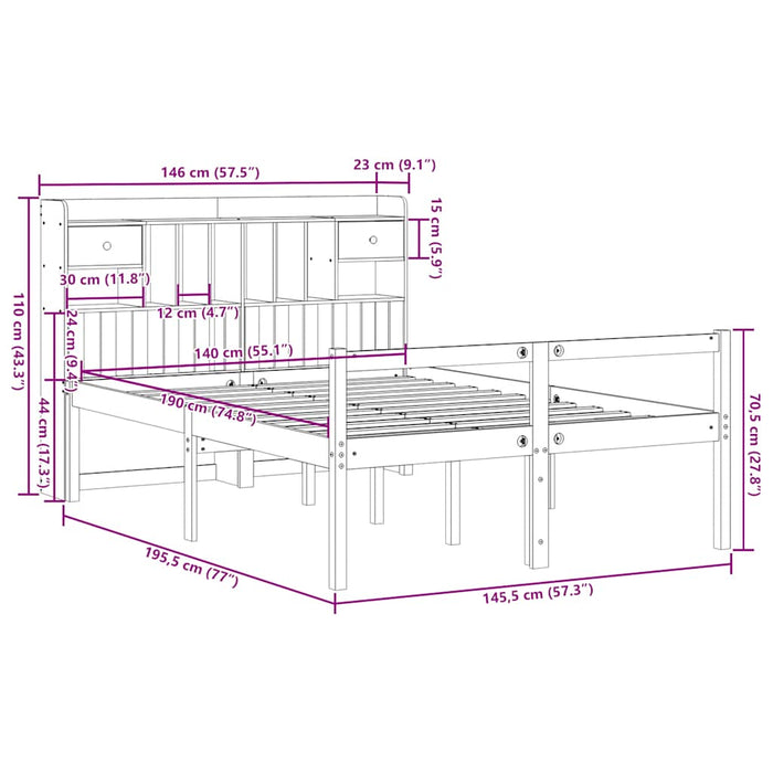 Pat cu bibliotecă fără saltea, 140x190 cm, lemn masiv de pin - WALTI WALTI