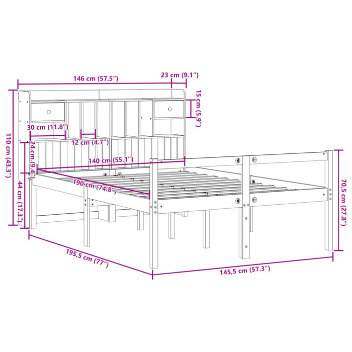 Pat cu bibliotecă fără saltea, alb, 140x190 cm, lemn masiv pin - WALTI WALTI