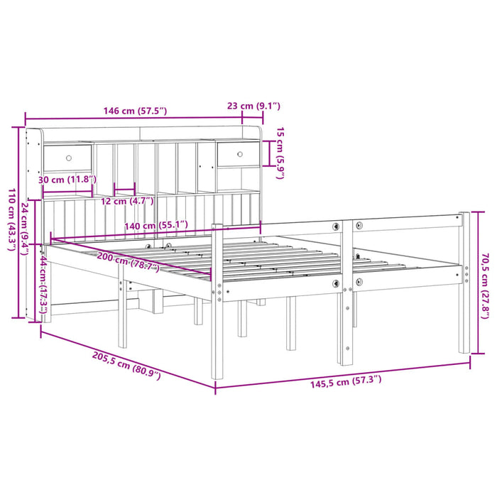 Pat cu bibliotecă fără saltea, alb, 140x200 cm, lemn masiv pin WALTI