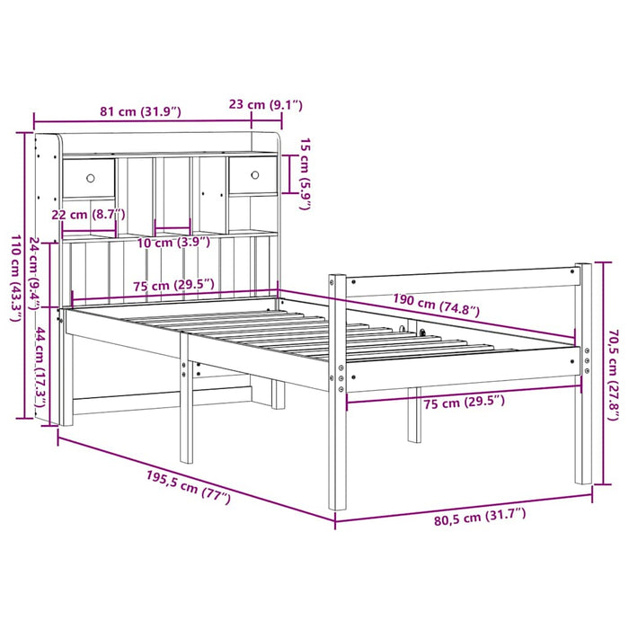 Pat bibliotecă fără saltea maro ceruit 75x190 cm lemn masiv pin WALTI