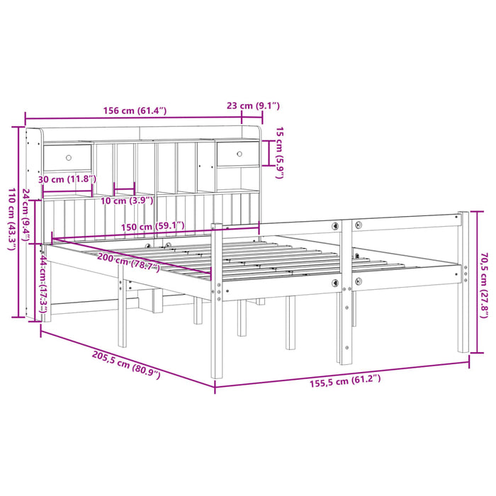 Pat cu bibliotecă fără saltea maro 150x200 cm lemn masiv de pin WALTI