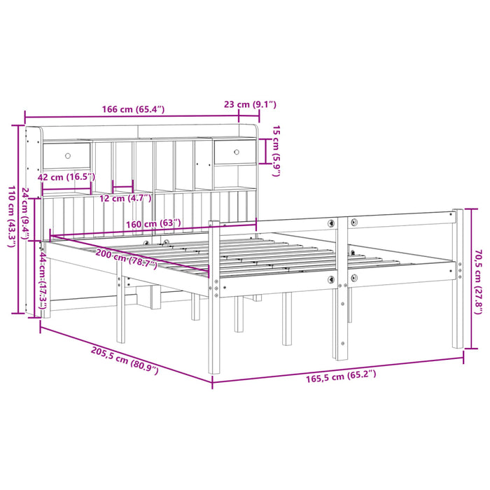 Pat cu bibliotecă fără saltea maro 160x200 cm lemn masiv de pin - WALTI WALTI