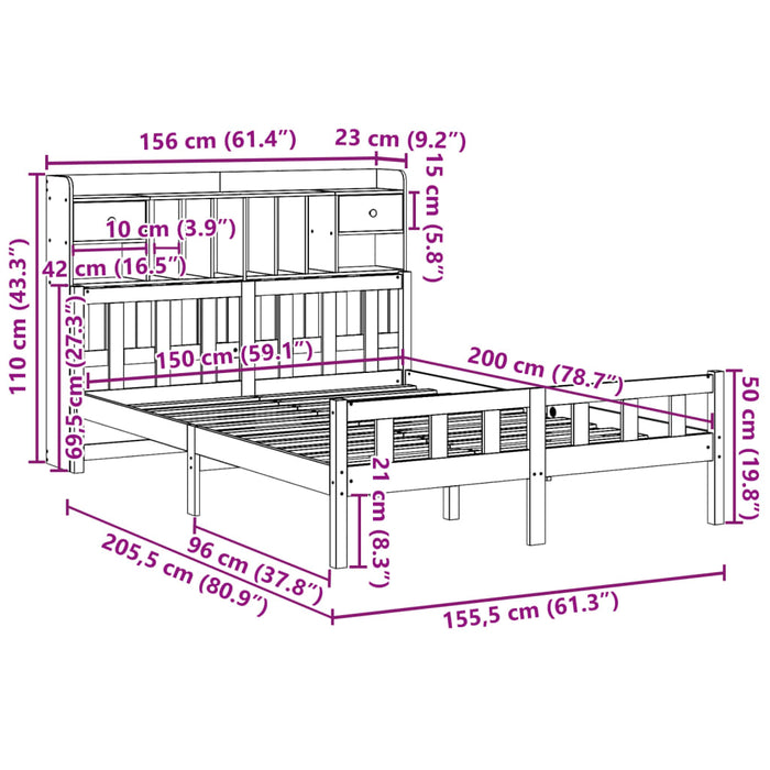 Pat cu bibliotecă fără saltea, alb, 150x200 cm, lemn masiv pin WALTI