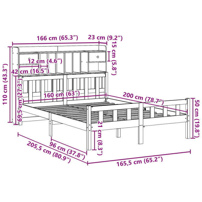 Pat cu bibliotecă fără saltea, alb, 160x200 cm, lemn masiv pin - WALTI WALTI
