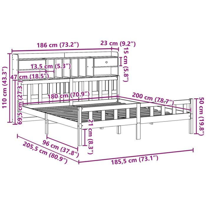 Pat cu bibliotecă fără saltea, 180x200 cm, lemn masiv de pin WALTI