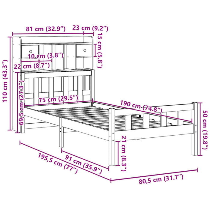 Pat bibliotecă fără saltea maro ceruit 75x190 cm lemn masiv pin WALTI