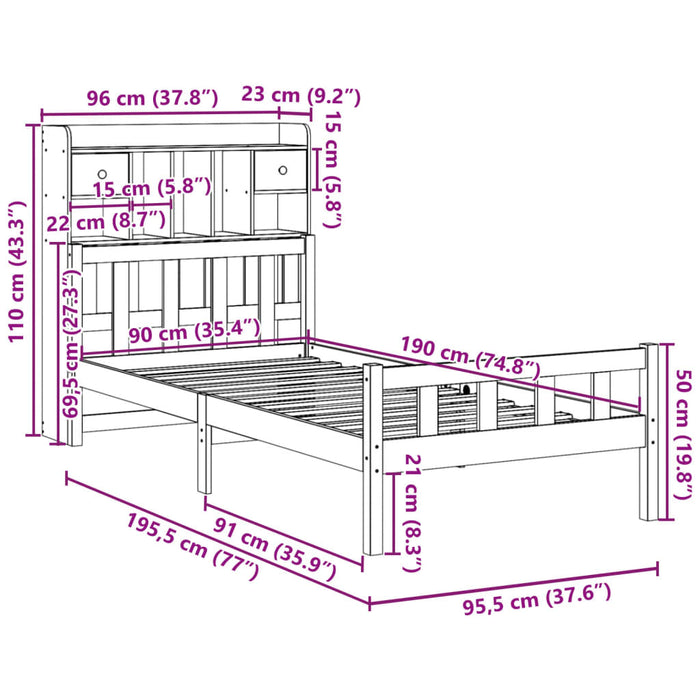 Pat bibliotecă fără saltea maro ceruit 90x190 cm lemn masiv pin WALTI