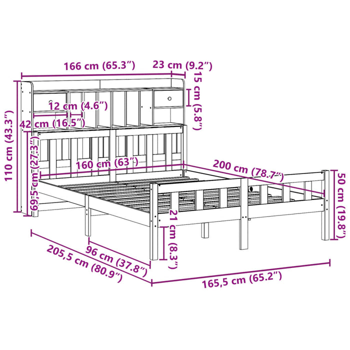 Pat cu bibliotecă fără saltea maro 160x200 cm lemn masiv de pin WALTI