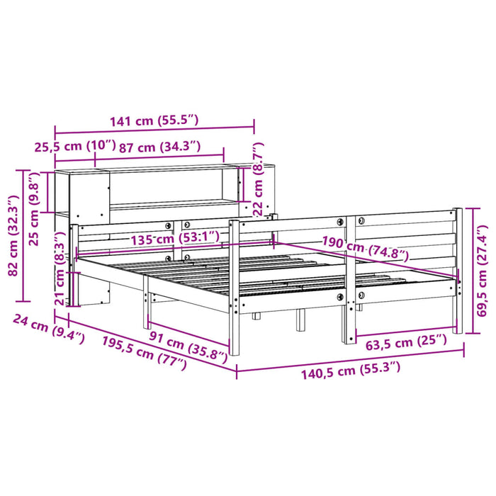 Pat cu bibliotecă fără saltea, 135x190 cm, lemn masiv de pin - WALTI WALTI