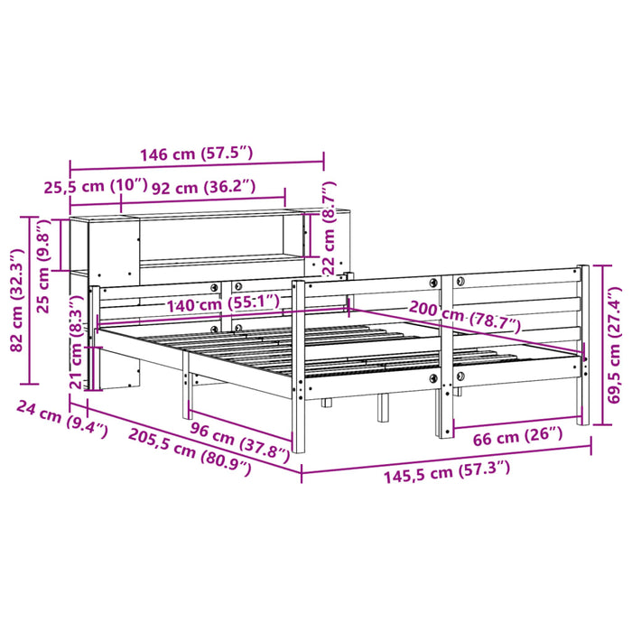 Pat cu bibliotecă fără saltea, alb, 140x200 cm, lemn masiv pin - WALTI WALTI