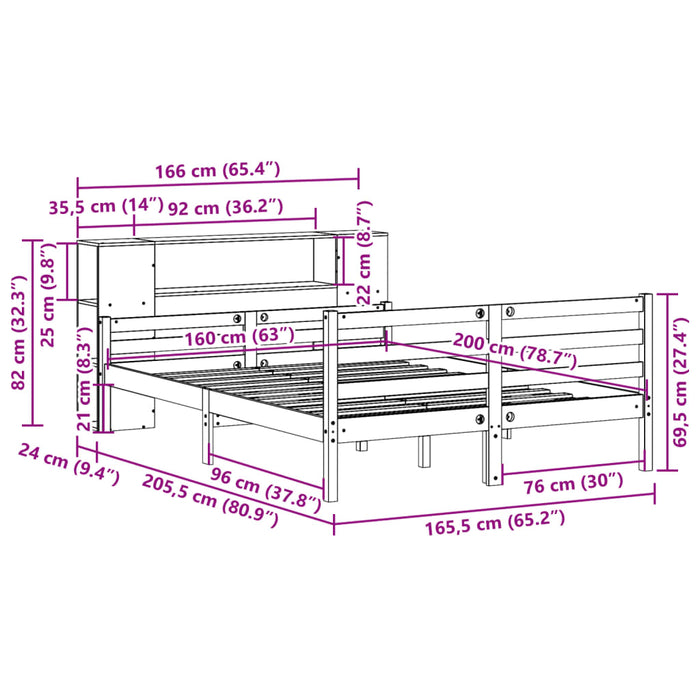 Pat cu bibliotecă fără saltea, alb, 160x200 cm, lemn masiv pin WALTI