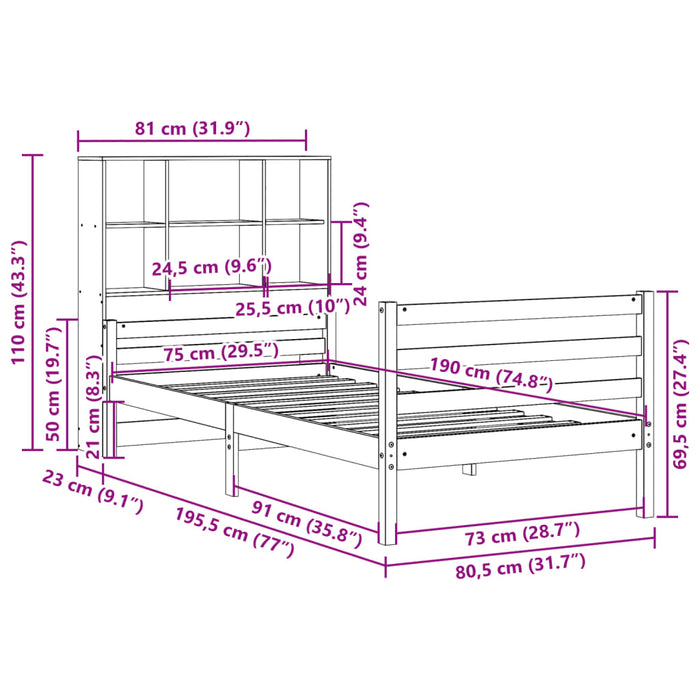 Pat cu bibliotecă fără saltea, 75x190 cm, lemn masiv de pin WALTI