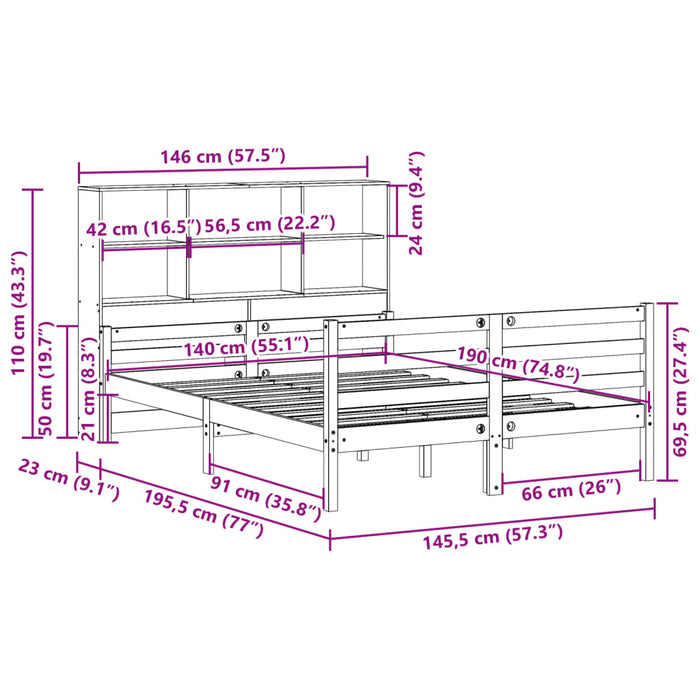 Pat cu bibliotecă fără saltea, 140x190 cm, lemn masiv de pin WALTI