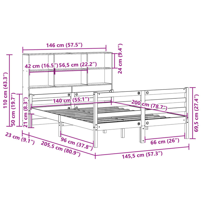 Pat cu bibliotecă fără saltea, alb, 140x200 cm, lemn masiv pin WALTI