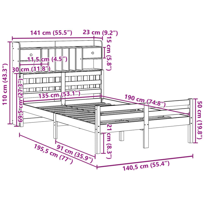 Pat cu bibliotecă fără saltea, alb, 135x190 cm, lemn masiv pin WALTI