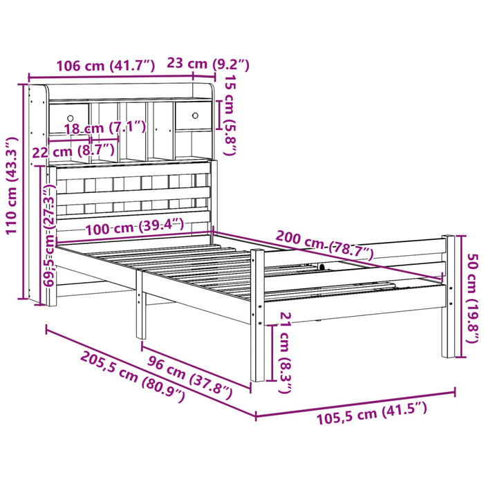 Pat cu bibliotecă fără saltea, alb, 100x200 cm, lemn masiv pin WALTI