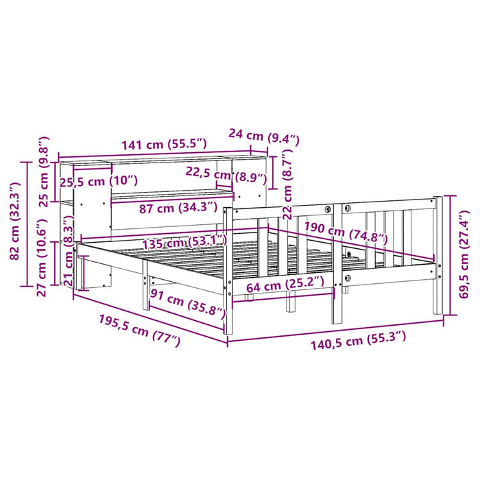 Pat cu bibliotecă fără saltea, 135x190 cm, lemn masiv de pin WALTI