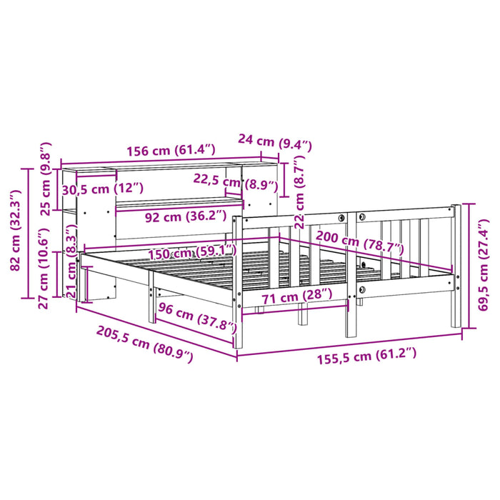 Pat cu bibliotecă fără saltea, alb, 150x200 cm, lemn masiv pin WALTI