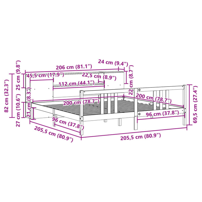 Pat cu bibliotecă fără saltea, alb, 200x200 cm, lemn masiv pin WALTI