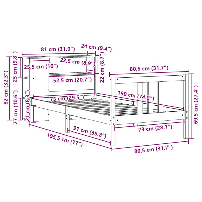 Pat cu bibliotecă fără saltea, 75x190 cm, lemn masiv de pin - WALTI WALTI
