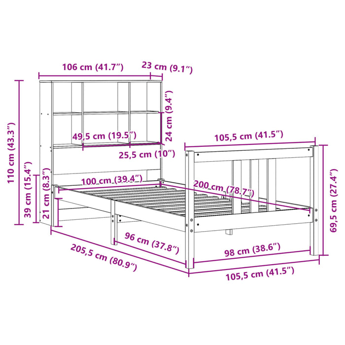 Pat cu bibliotecă fără saltea, alb, 100x200 cm, lemn masiv pin WALTI