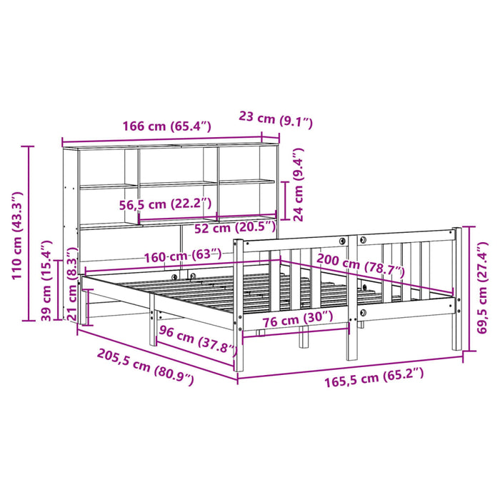 Pat cu bibliotecă fără saltea, alb, 160x200 cm, lemn masiv pin WALTI