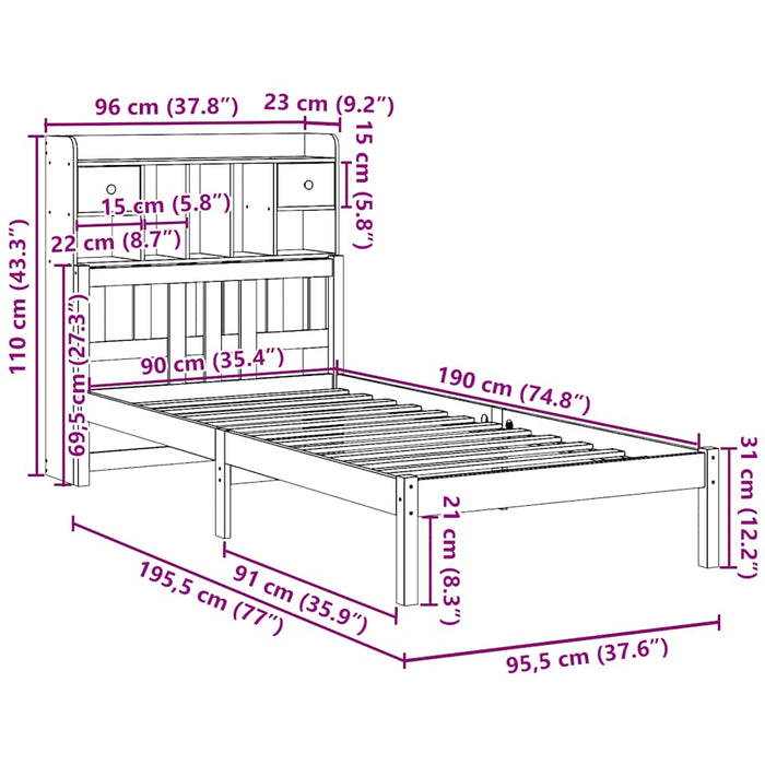 Pat cu bibliotecă fără saltea, 90x190 cm, lemn masiv de pin - WALTI WALTI