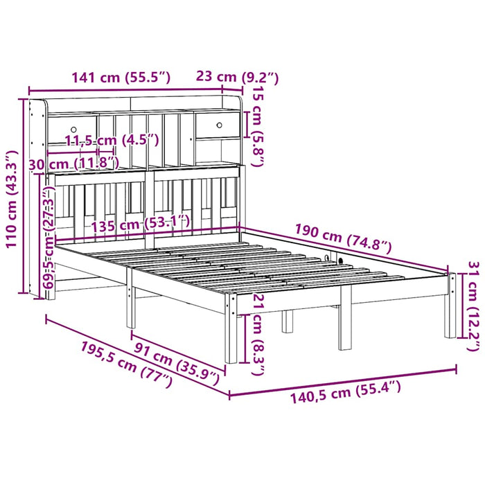 Pat cu bibliotecă fără saltea, 135x190 cm, lemn masiv de pin WALTI