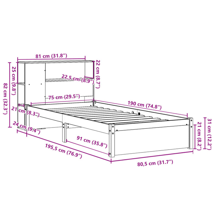 Pat cu bibliotecă fără saltea, 75x190 cm, lemn masiv de pin - WALTI WALTI