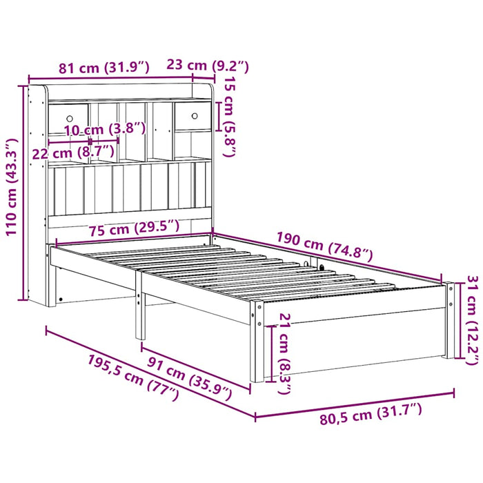 Pat cu bibliotecă fără saltea, 75x190 cm, lemn masiv de pin - WALTI WALTI