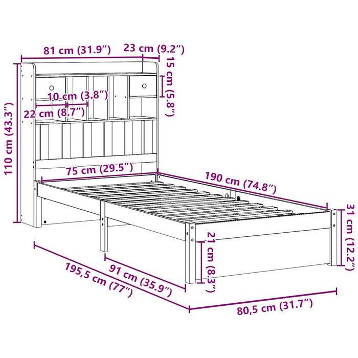 Pat cu bibliotecă fără saltea, alb, 75x190 cm, lemn masiv pin - WALTI WALTI