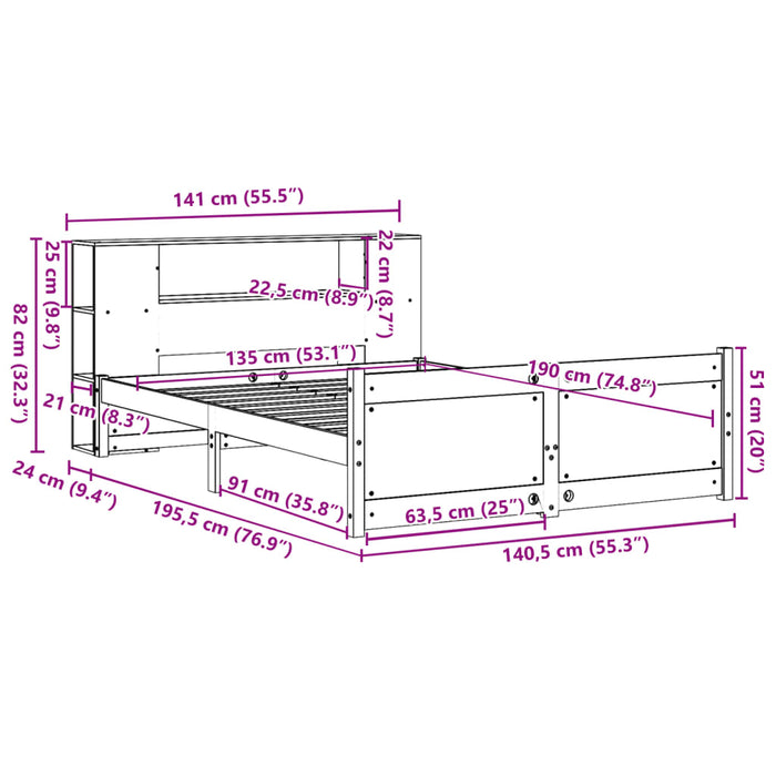 Pat cu bibliotecă fără saltea, alb, 135x190 cm, lemn masiv pin - WALTI WALTI
