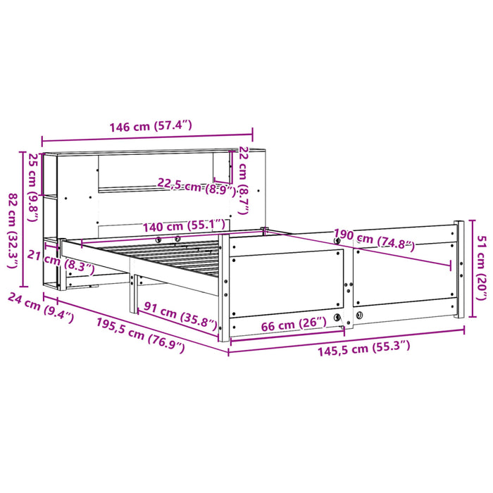 Pat cu bibliotecă fără saltea, alb, 140x190 cm, lemn masiv pin - WALTI WALTI
