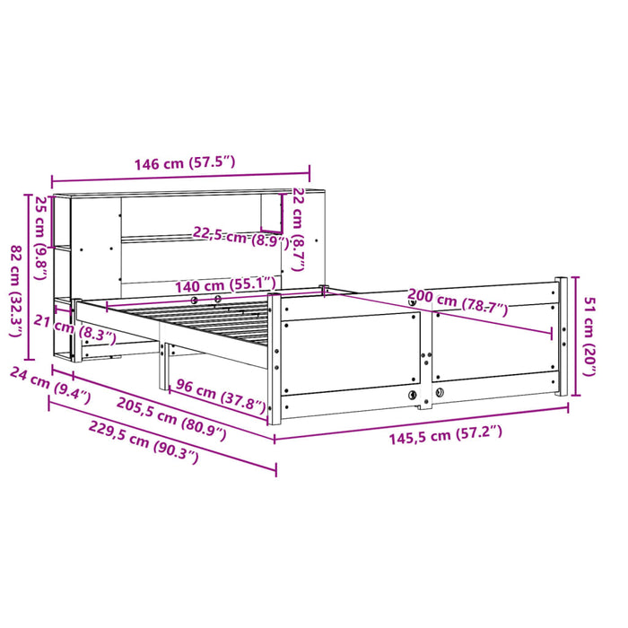 Pat cu bibliotecă fără saltea, alb, 140x200 cm, lemn masiv pin - WALTI WALTI