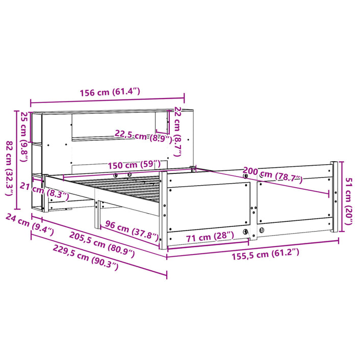 Pat cu bibliotecă fără saltea, alb, 150x200 cm, lemn masiv pin - WALTI WALTI