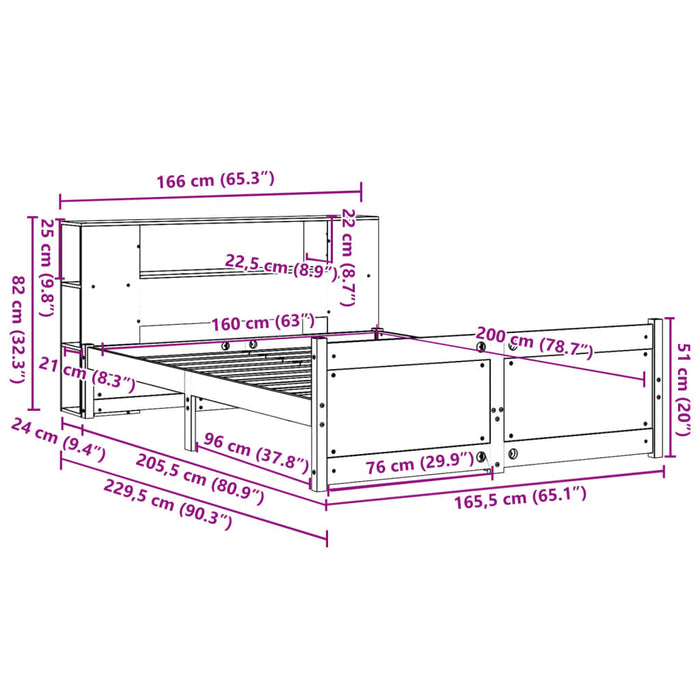 Pat cu bibliotecă fără saltea, alb, 160x200 cm, lemn masiv pin - WALTI WALTI