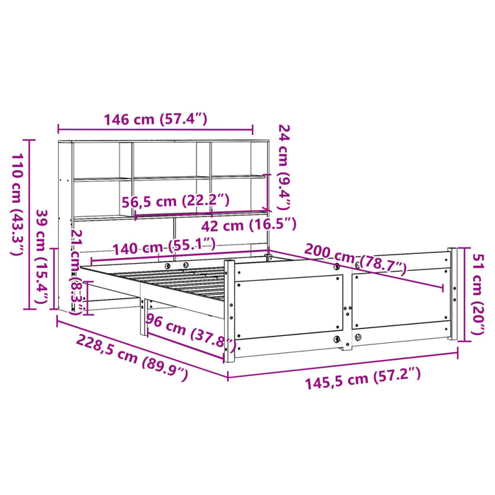 Pat cu bibliotecă fără saltea, alb, 140x200 cm, lemn masiv pin - WALTI WALTI