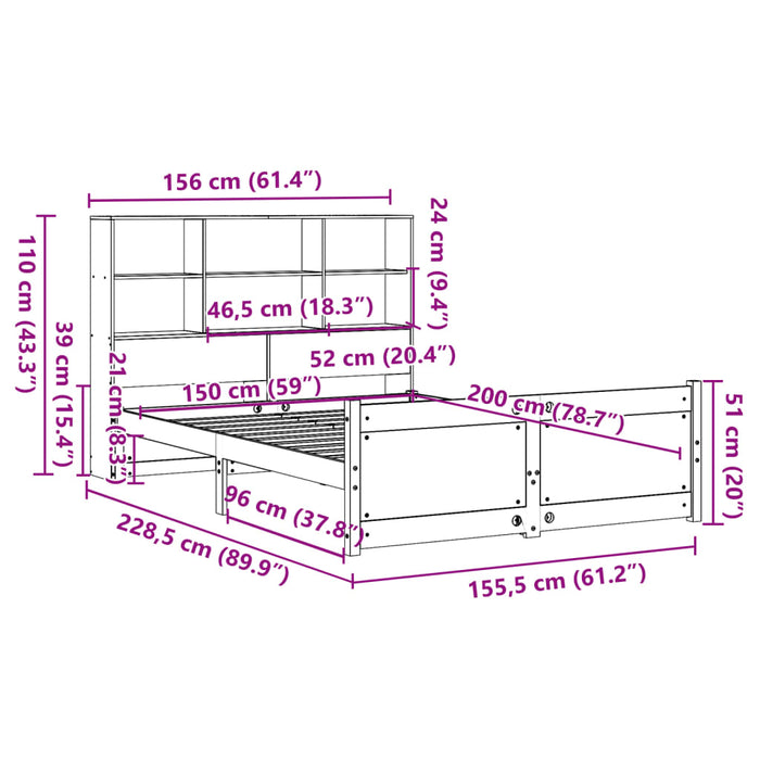 Pat cu bibliotecă fără saltea, 150x200 cm, lemn masiv de pin - WALTI WALTI