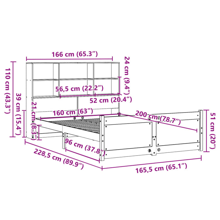 Pat cu bibliotecă fără saltea, alb, 160x200 cm, lemn masiv pin - WALTI WALTI