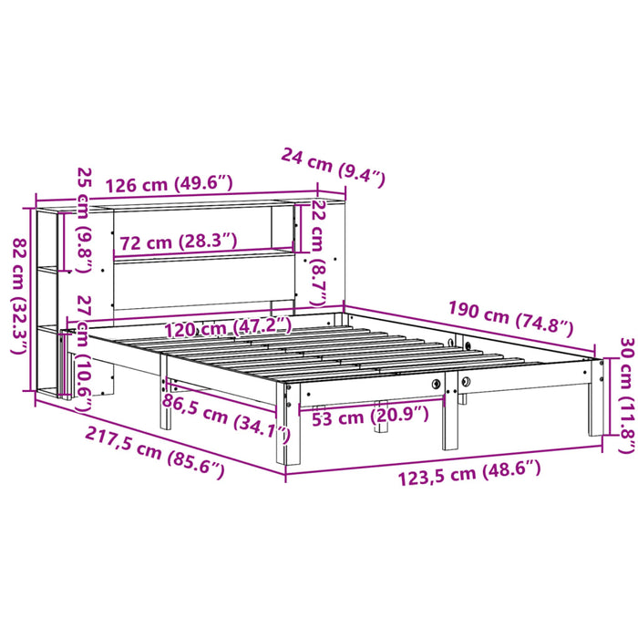 Pat cu bibliotecă fără saltea, alb, 120x190 cm, lemn masiv pin - WALTI WALTI